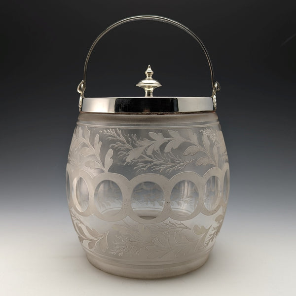 英国ヴィンテージ カットガラス ビスケットバレル シルバープレート蓋 803g